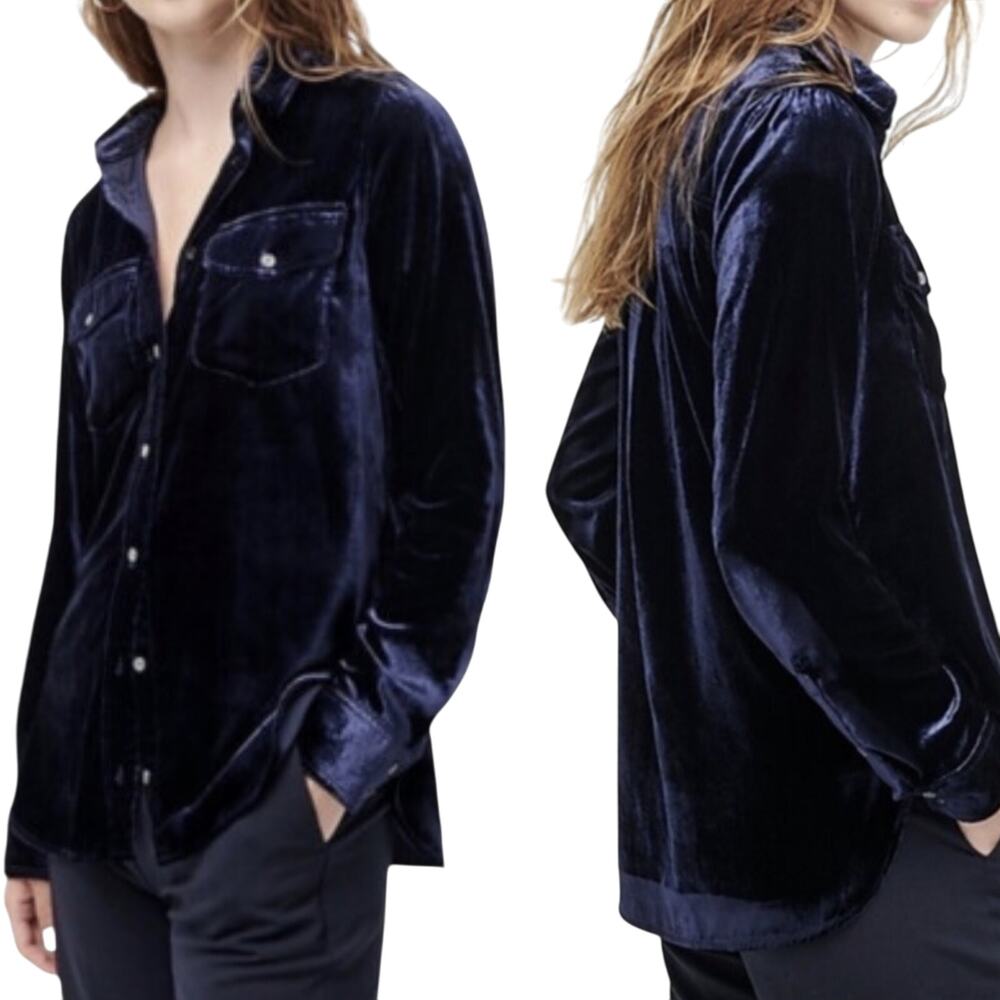 J Crew Classic Fit Velvet Button Down Shirt Long Sleeve Blouse Blue Womens 0